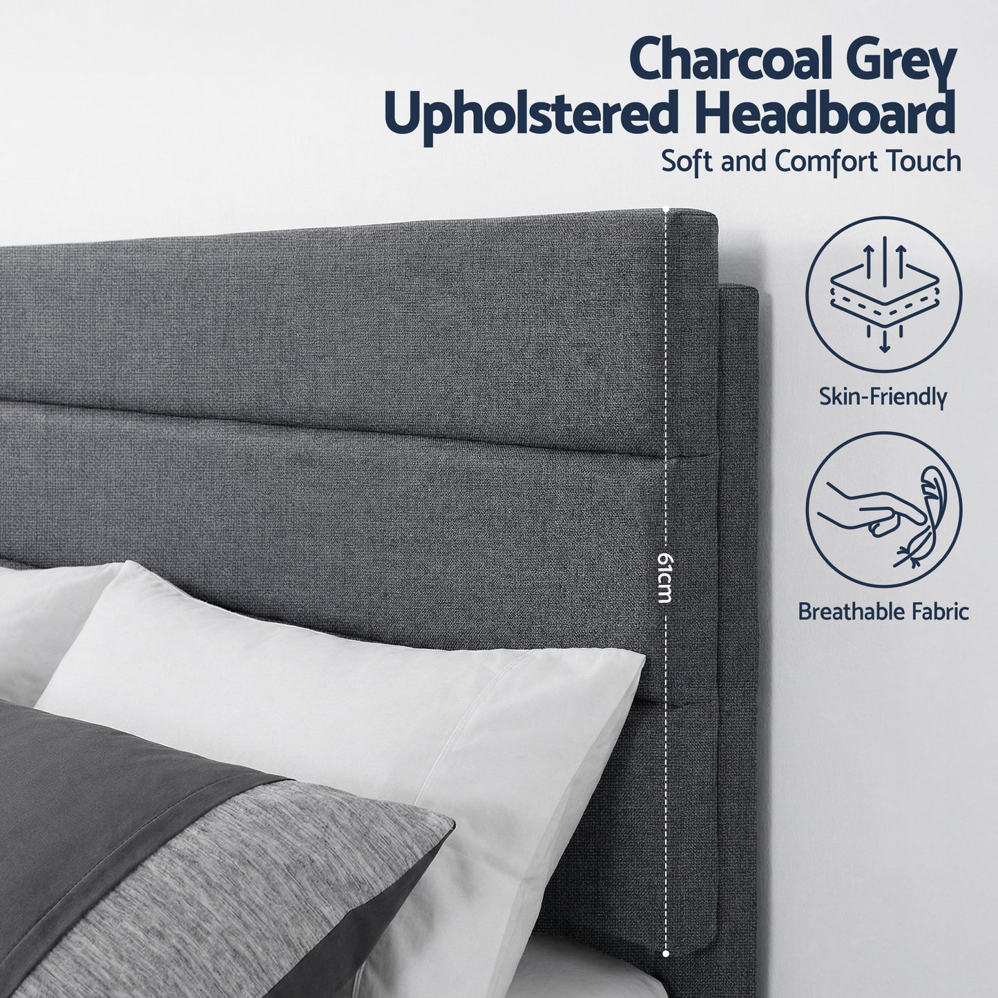 Liora Upholstered Bed Frame with Geometric Headboard Linen Wood Slats - Charcoal Grey Double