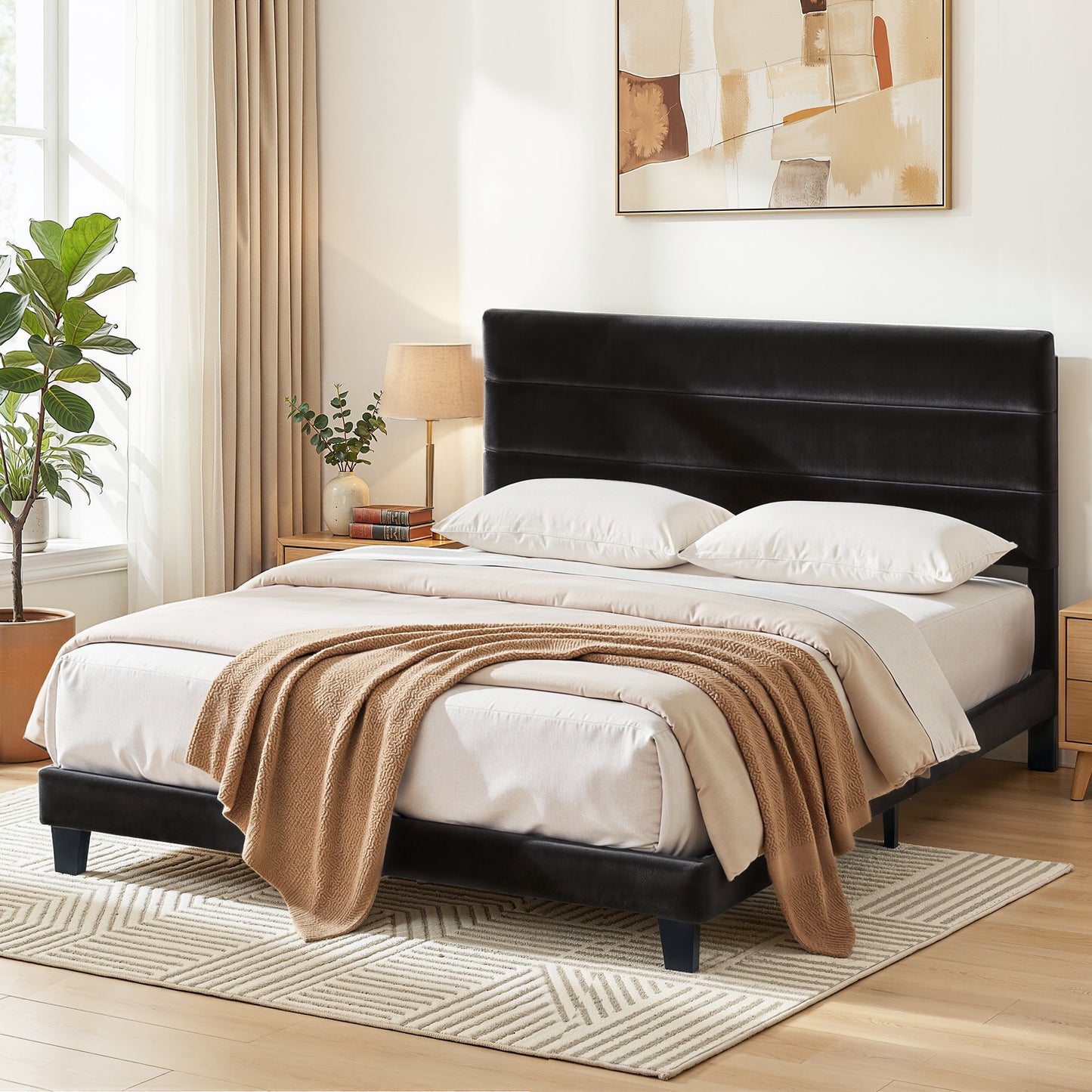 Liora Upholstered Bed Frame with Geometric Headboard Velvet - Black King
