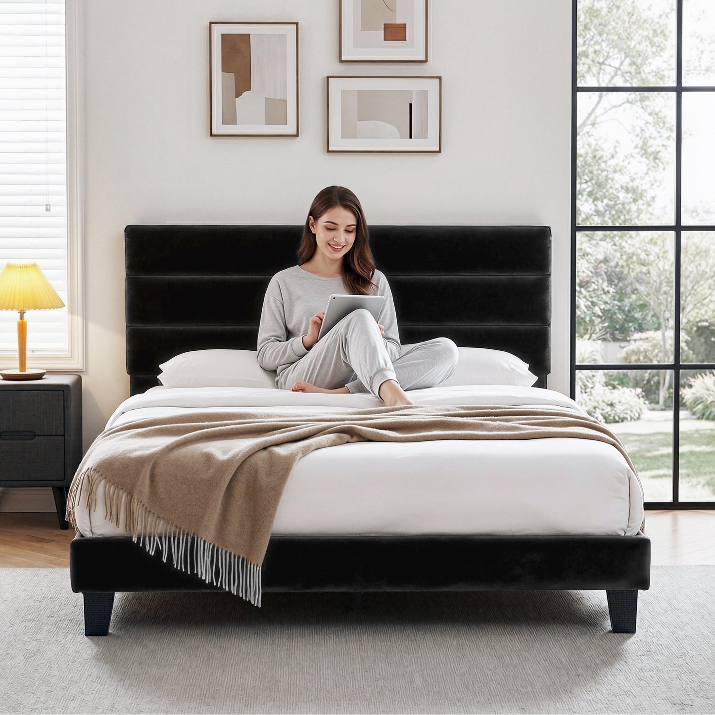 Liora Upholstered Bed Frame with Geometric Headboard Velvet - Black King