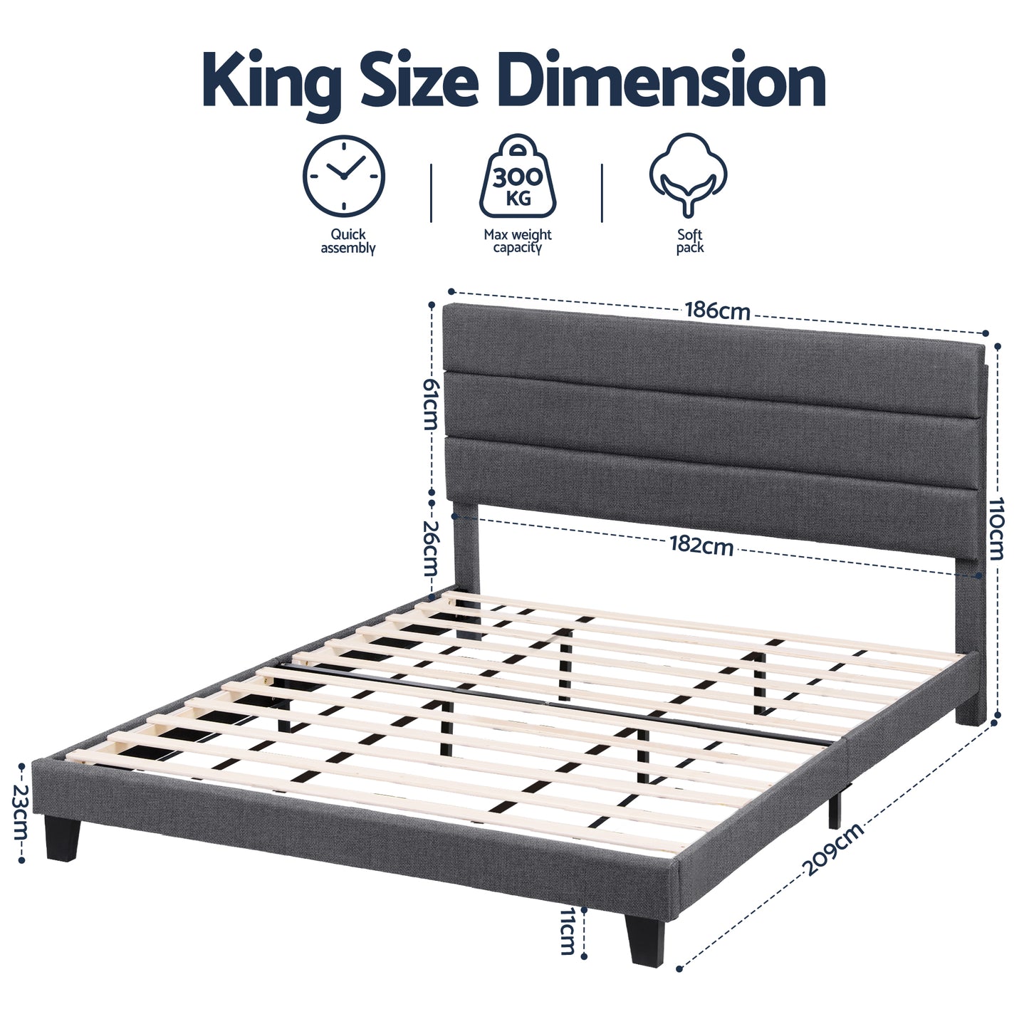 Liora Upholstered Bed Frame with Geometric Headboard Linen Wood Slats - Charcoal Grey King