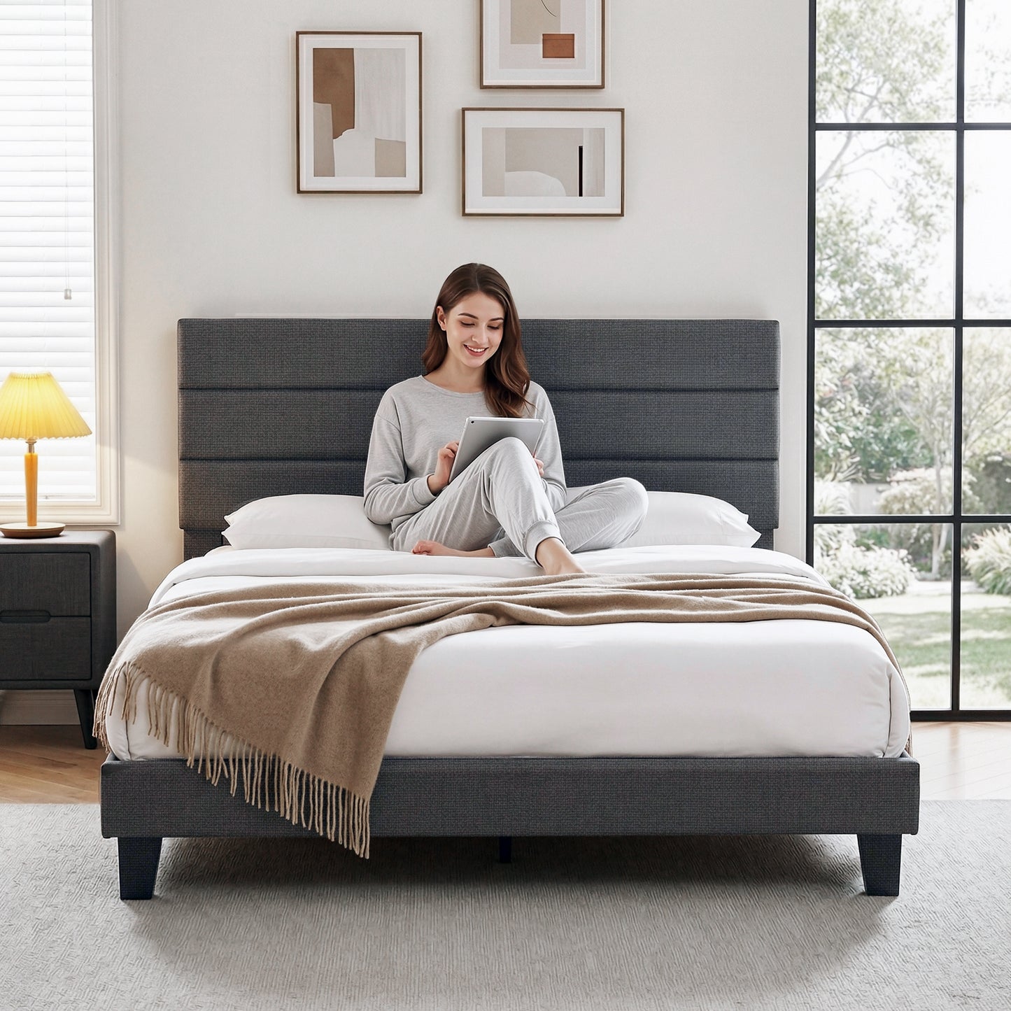 Liora Upholstered Bed Frame with Geometric Headboard Linen Wood Slats - Charcoal Grey King
