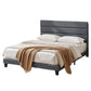 Liora Upholstered Bed Frame with Geometric Headboard Linen Wood Slats - Charcoal Grey King