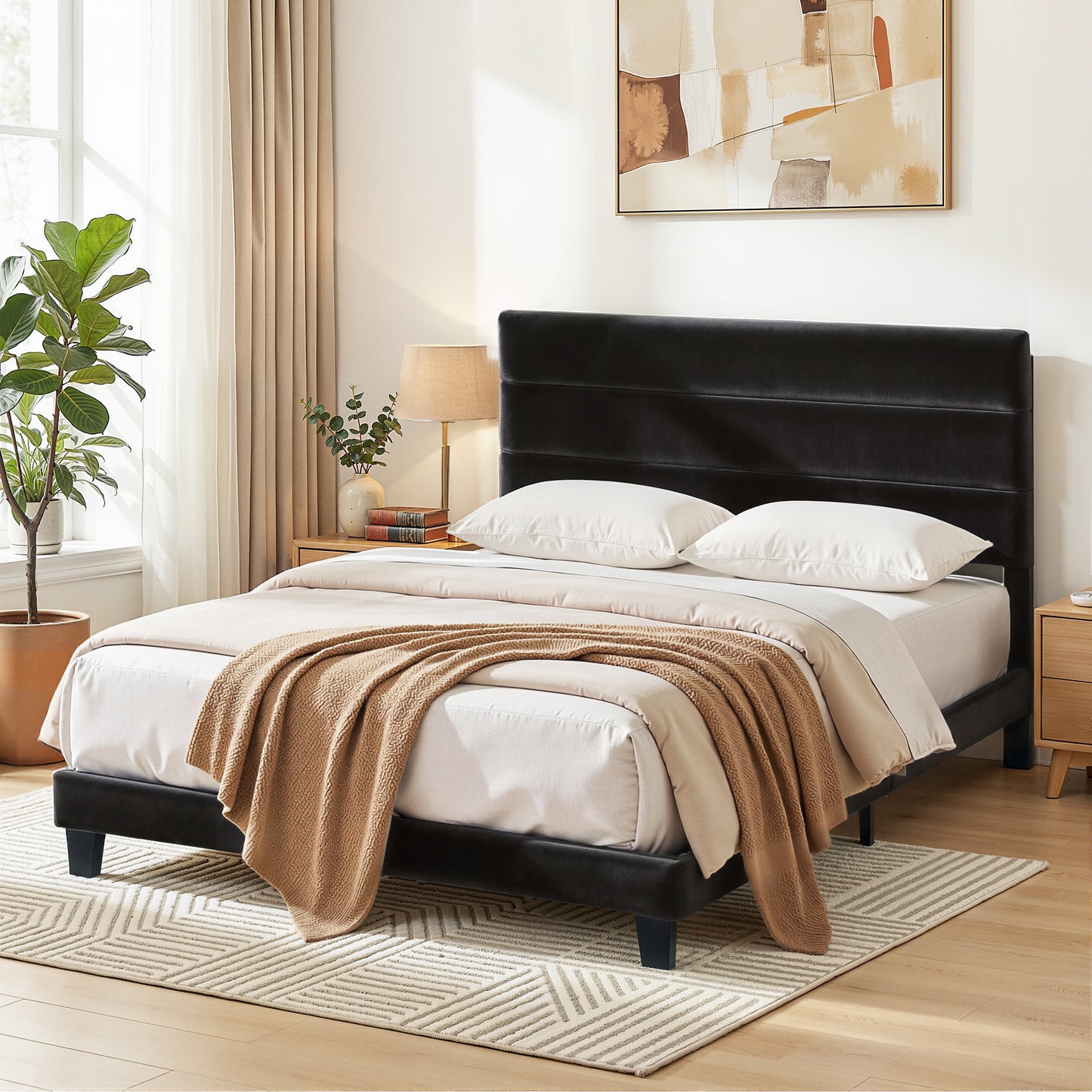 Liora Upholstered Bed Frame with Geometric Headboard Velvet - Black Queen