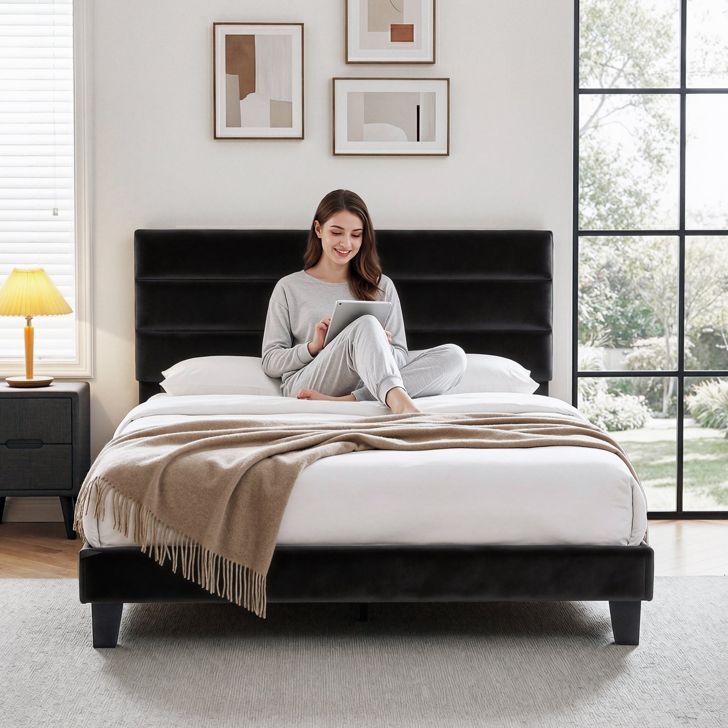 Liora Upholstered Bed Frame with Geometric Headboard Velvet - Black Queen