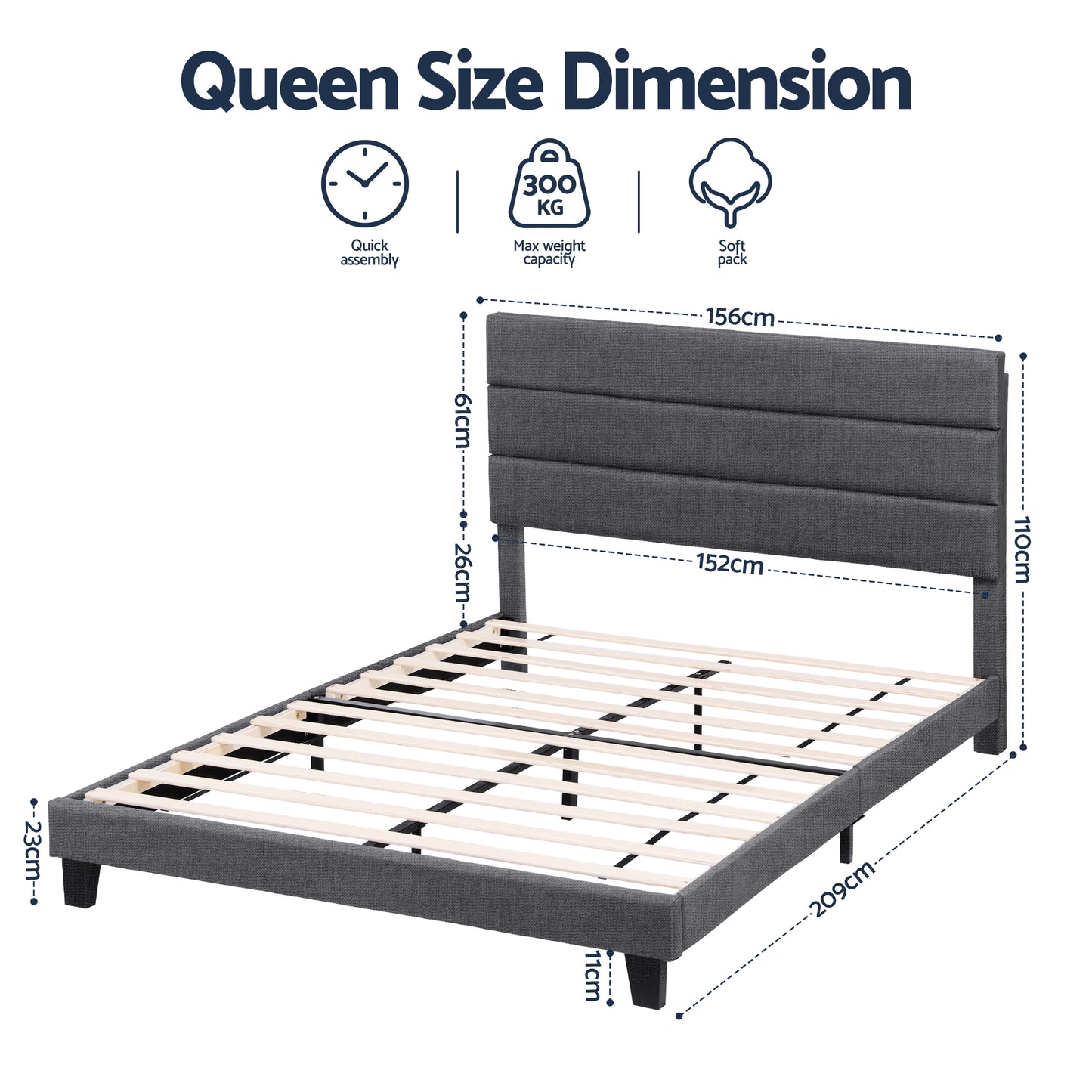 Liora Upholstered Bed Frame with Geometric Headboard Linen Wood Slats - Charcoal Grey Queen