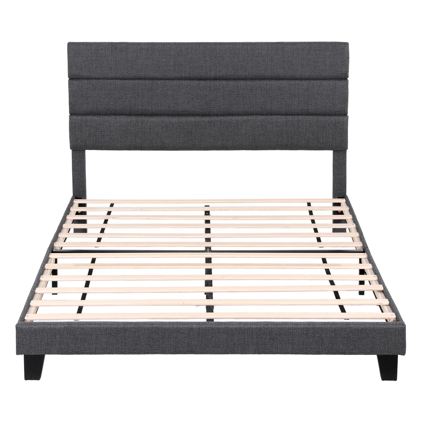 Liora Upholstered Bed Frame with Geometric Headboard Linen Wood Slats - Charcoal Grey Queen