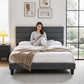 Liora Upholstered Bed Frame with Geometric Headboard Linen Wood Slats - Charcoal Grey Queen
