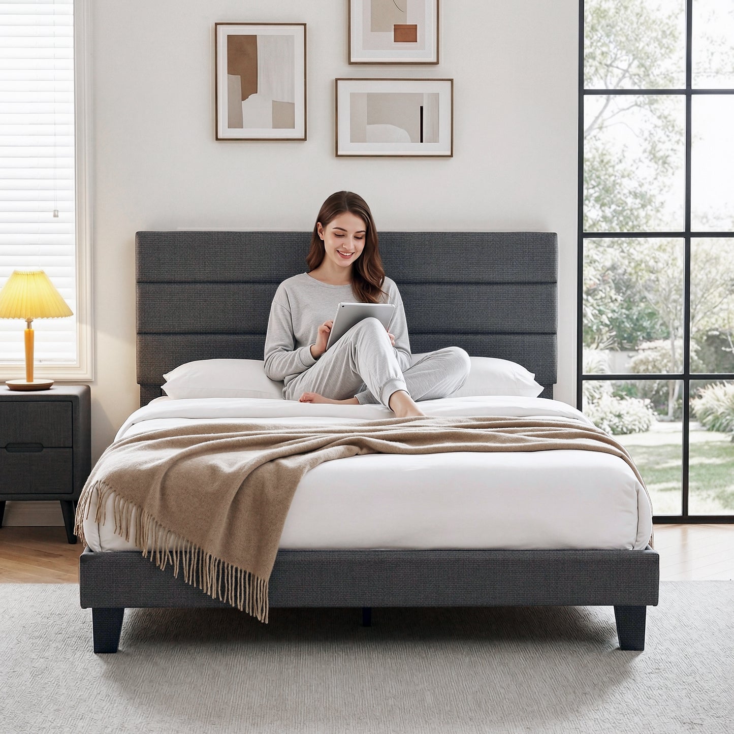 Liora Upholstered Bed Frame with Geometric Headboard Linen Wood Slats - Charcoal Grey Queen
