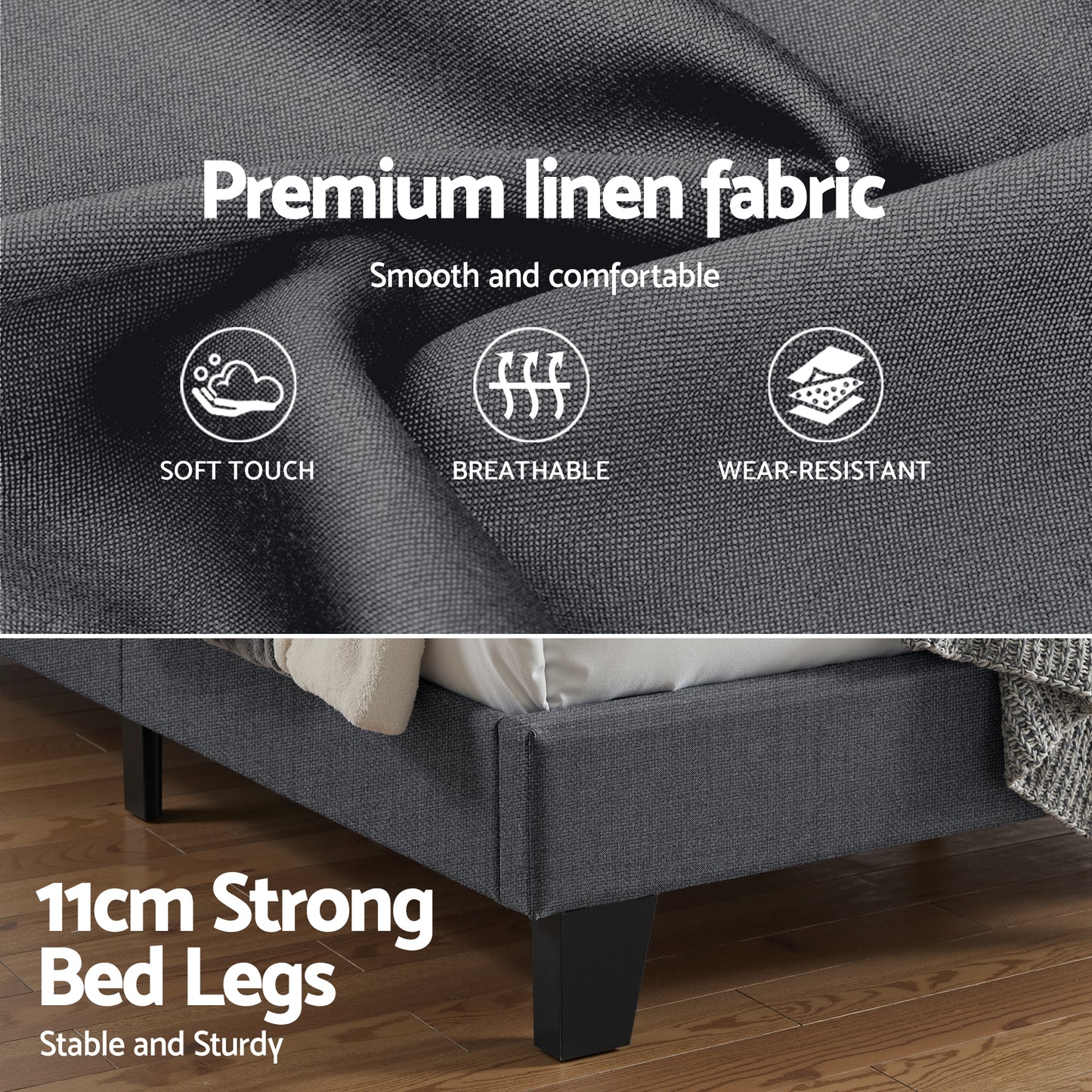 Liora Upholstered Bed Frame with Geometric Headboard Linen Wood Slats - Charcoal Grey Queen