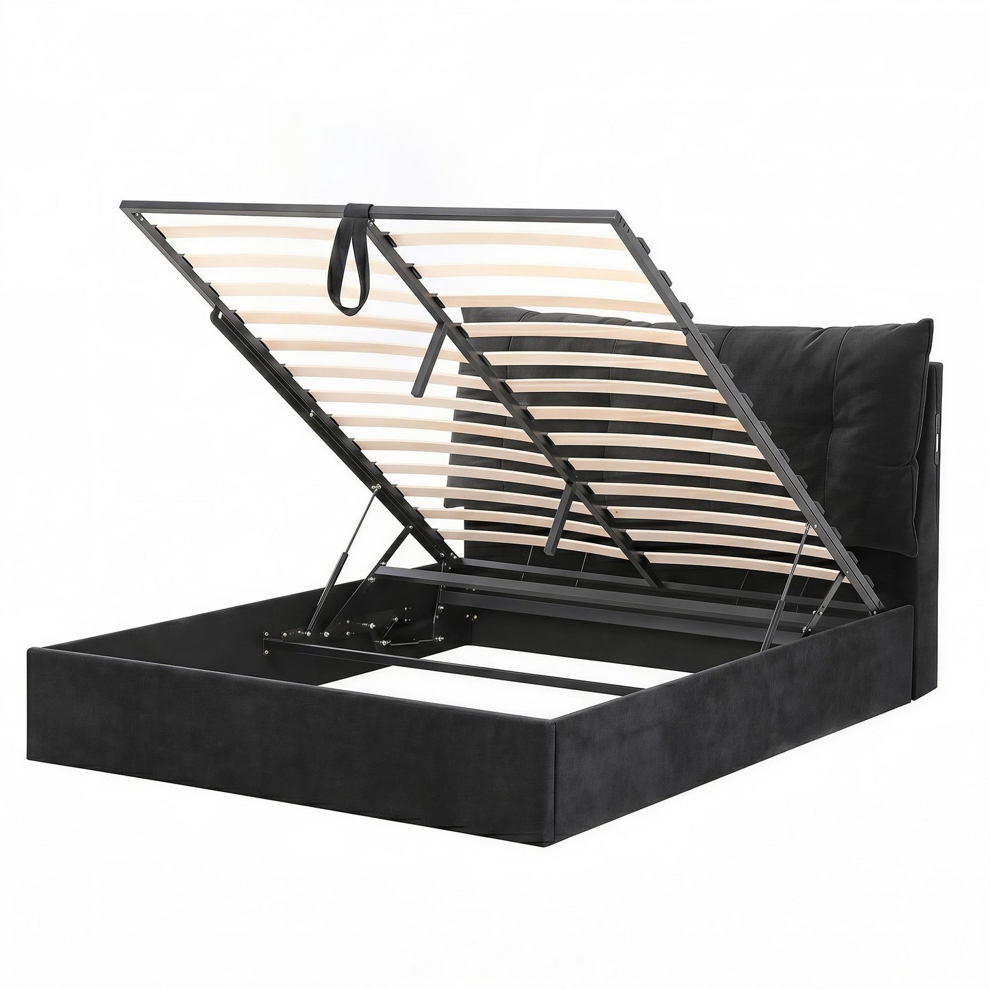 Lunora Bed Frame with Horizontal Gas Lift Storage with LED Light USB Type-C Charging Station - Black Queen