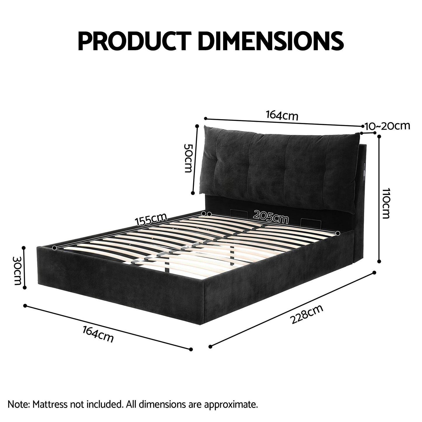 Lunora Bed Frame with Horizontal Gas Lift Storage with LED Light USB Type-C Charging Station - Black Queen