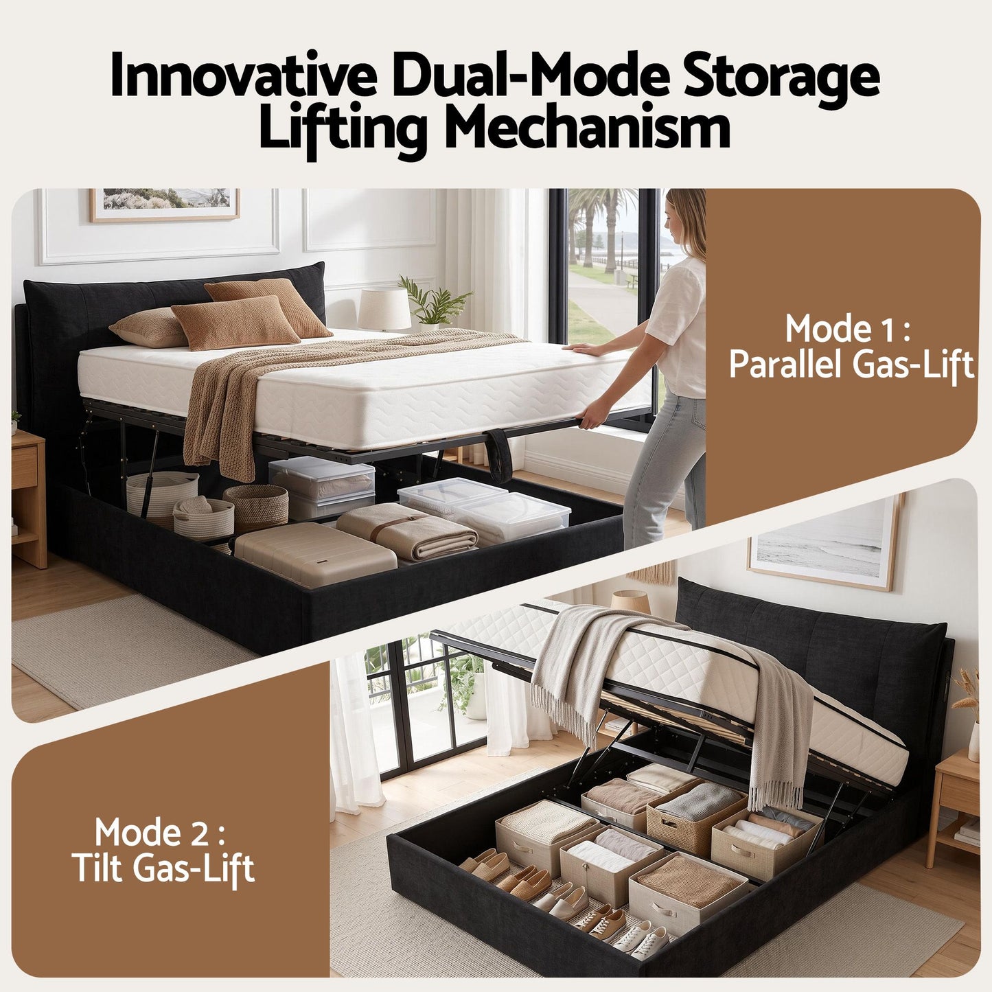 Lunora Bed Frame with Horizontal Gas Lift Storage with LED Light USB Type-C Charging Station - Black Queen