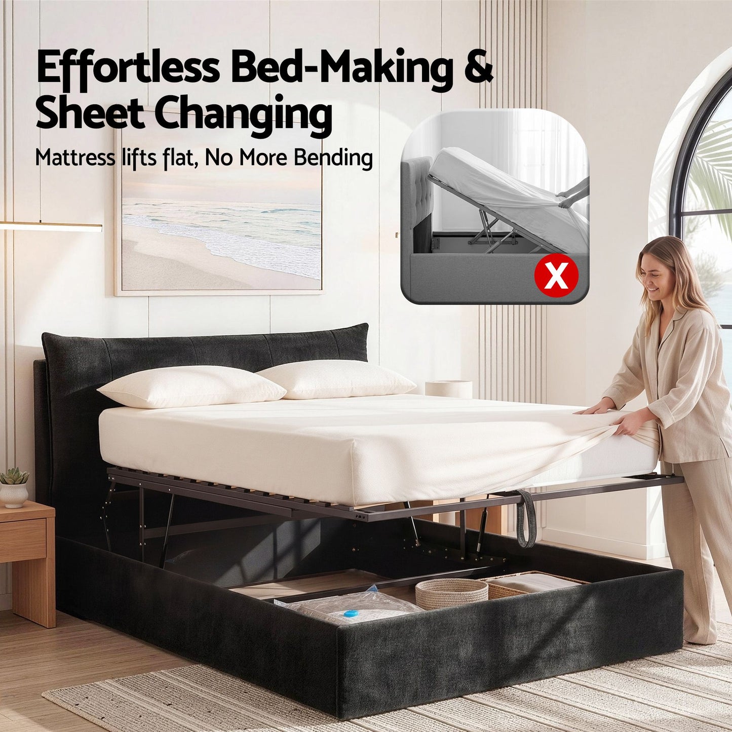 Lunora Bed Frame with Horizontal Gas Lift Storage with LED Light USB Type-C Charging Station - Black Queen