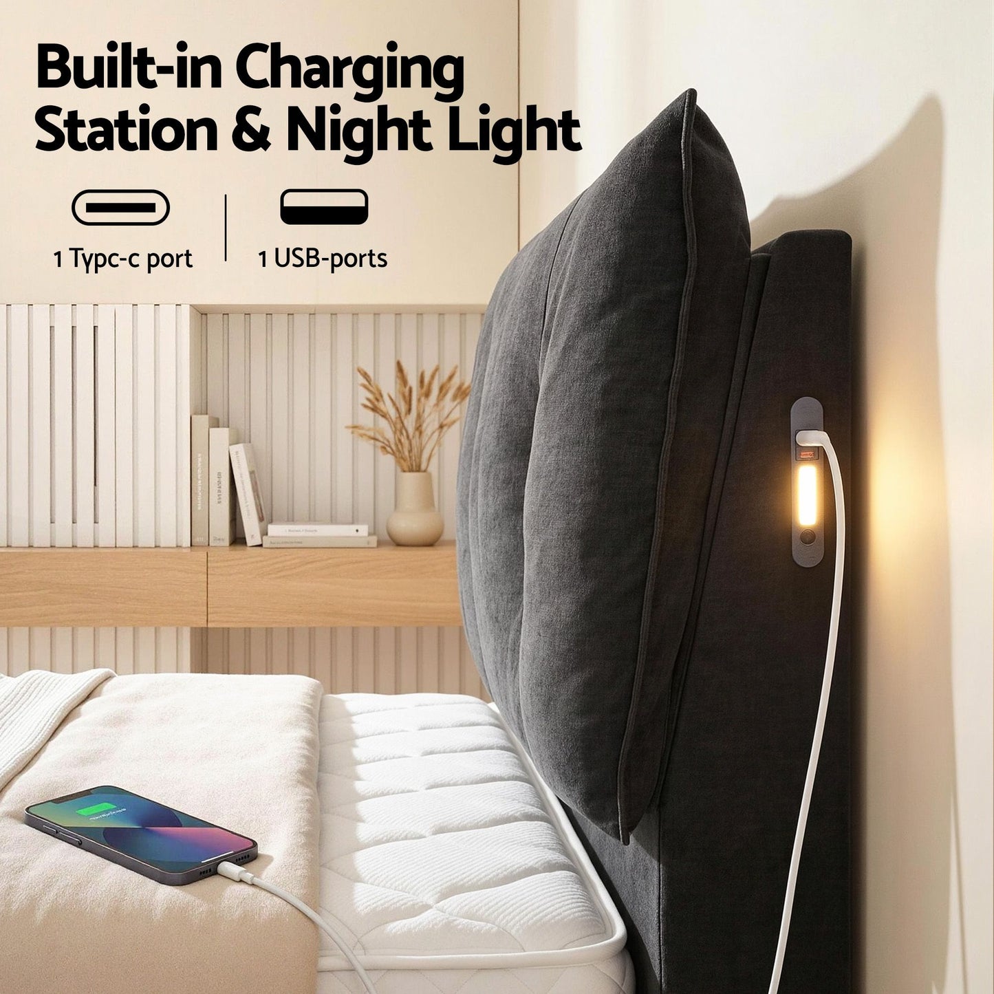 Lunora Bed Frame with Horizontal Gas Lift Storage with LED Light USB Type-C Charging Station - Black Queen
