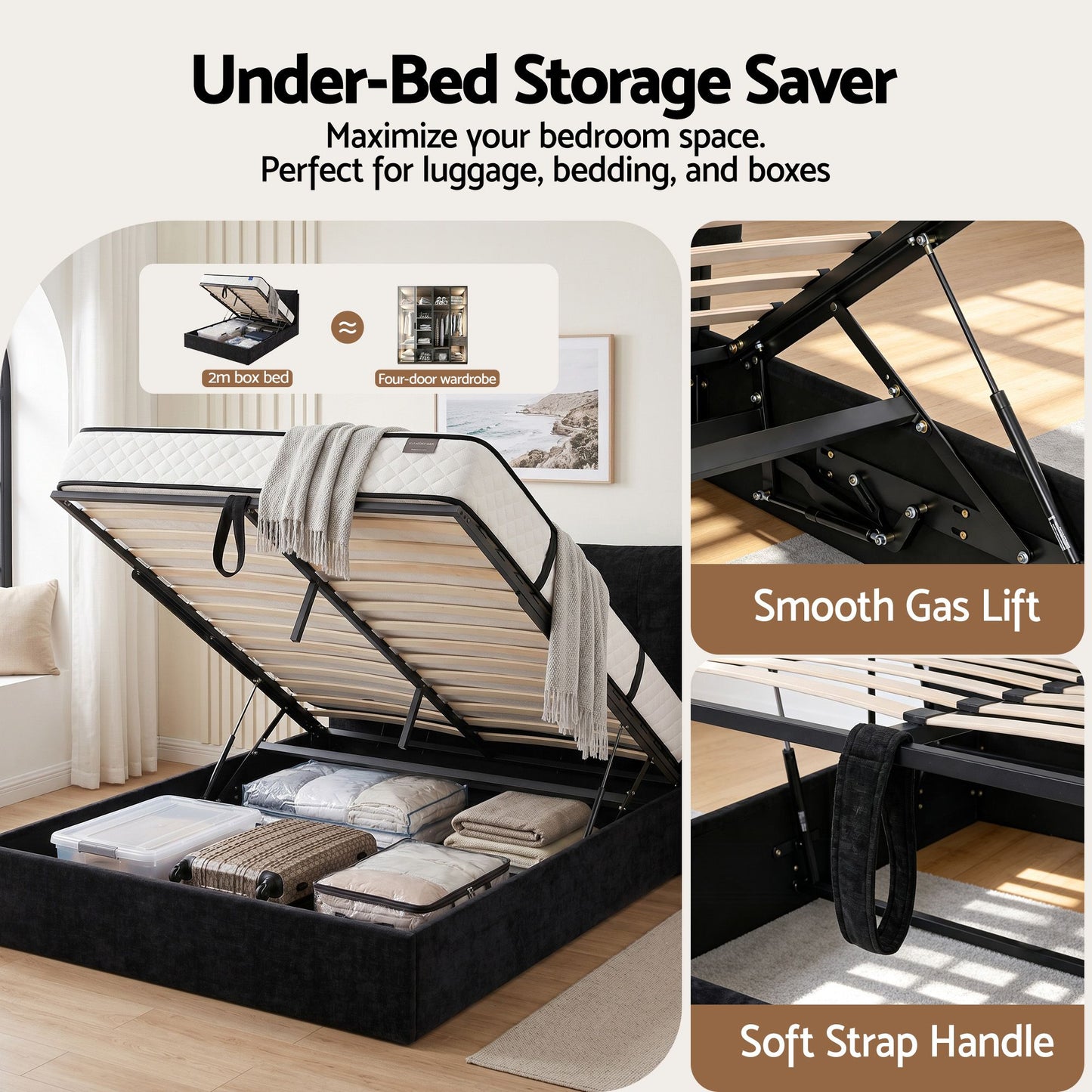 Lunora Bed Frame with Horizontal Gas Lift Storage with LED Light USB Type-C Charging Station - Black Queen