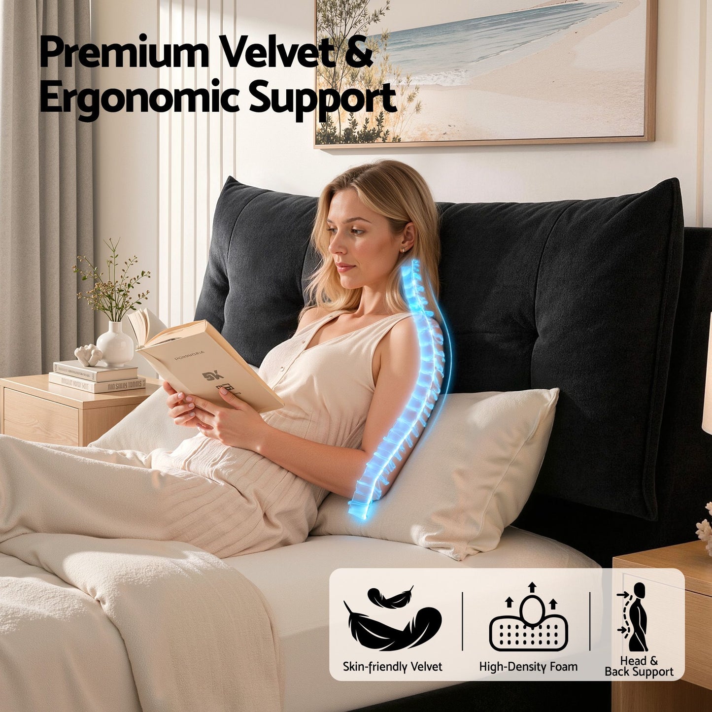 Lunora Bed Frame with Horizontal Gas Lift Storage with LED Light USB Type-C Charging Station - Black Queen