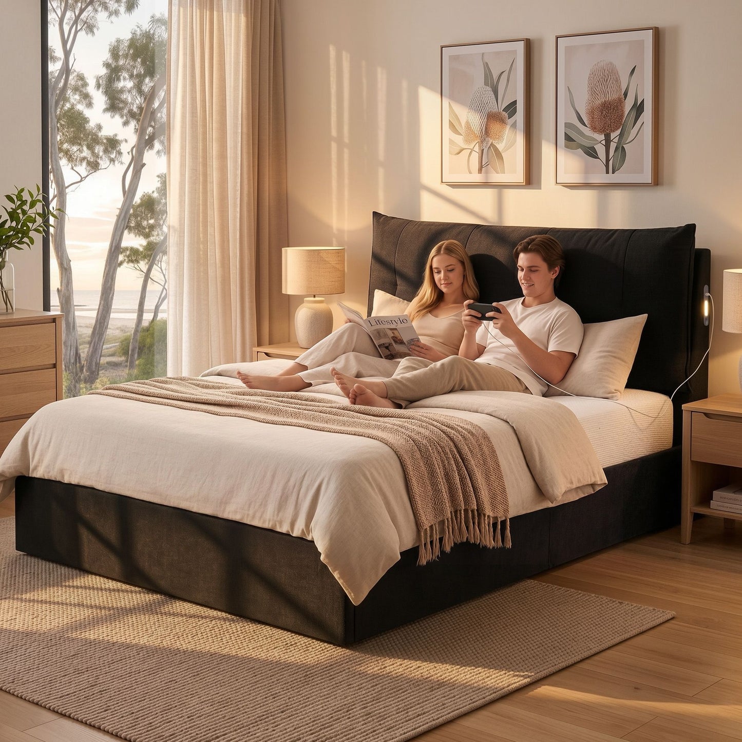 Lunora Bed Frame with Horizontal Gas Lift Storage with LED Light USB Type-C Charging Station - Black Queen