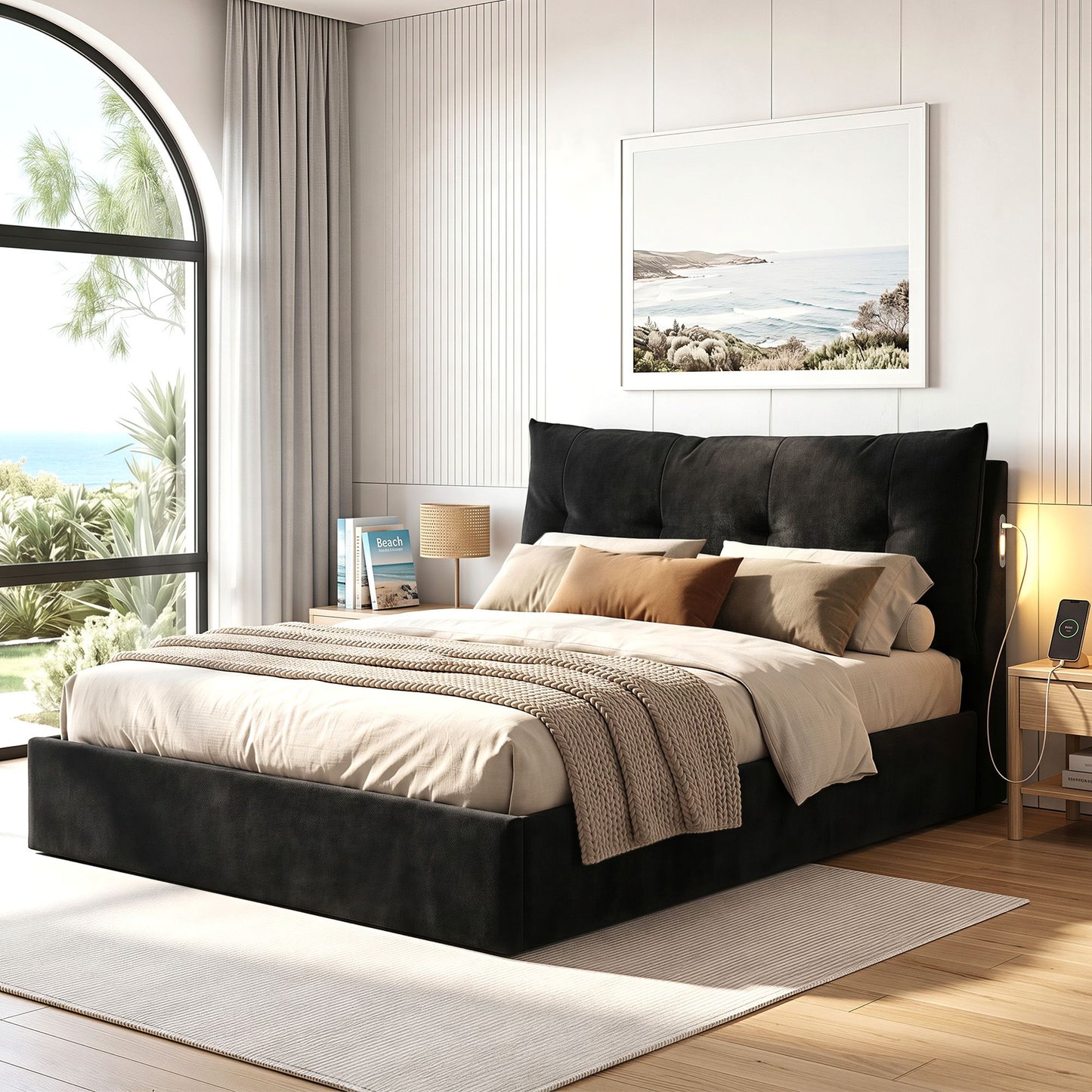 Lunora Bed Frame with Horizontal Gas Lift Storage with LED Light USB Type-C Charging Station - Black Queen