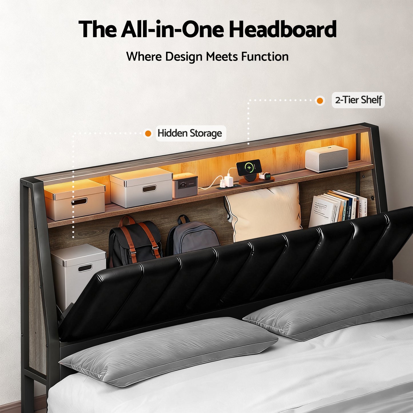Rowan Bed Frame LED Storage Headboard with Charging Station - Black Double