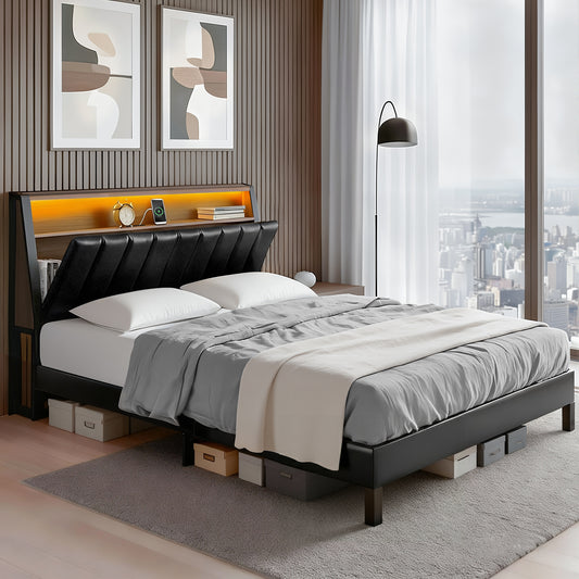 Rowan Bed Frame LED Storage Headboard with Charging Station - Black Double
