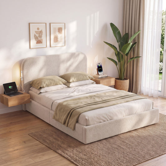 Amoret Bed Frame with 100cm Bouclé Headboard USB-C & Night Lights - White Double