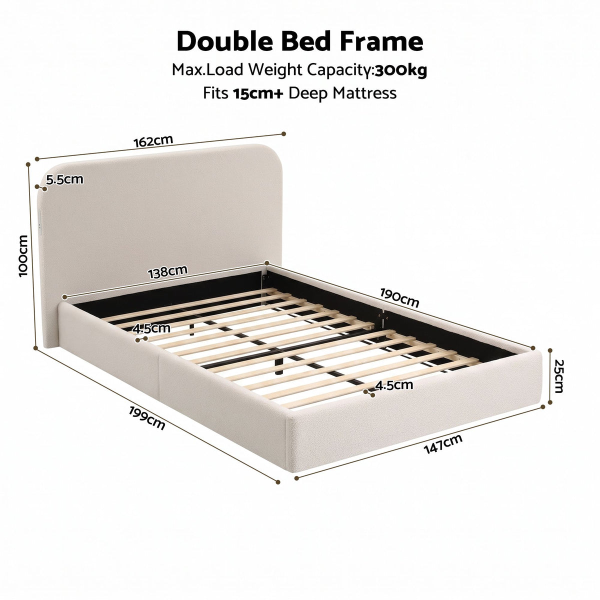 Amoret Bed Frame with 100cm Bouclé Headboard USB-C & Night Lights - White Double