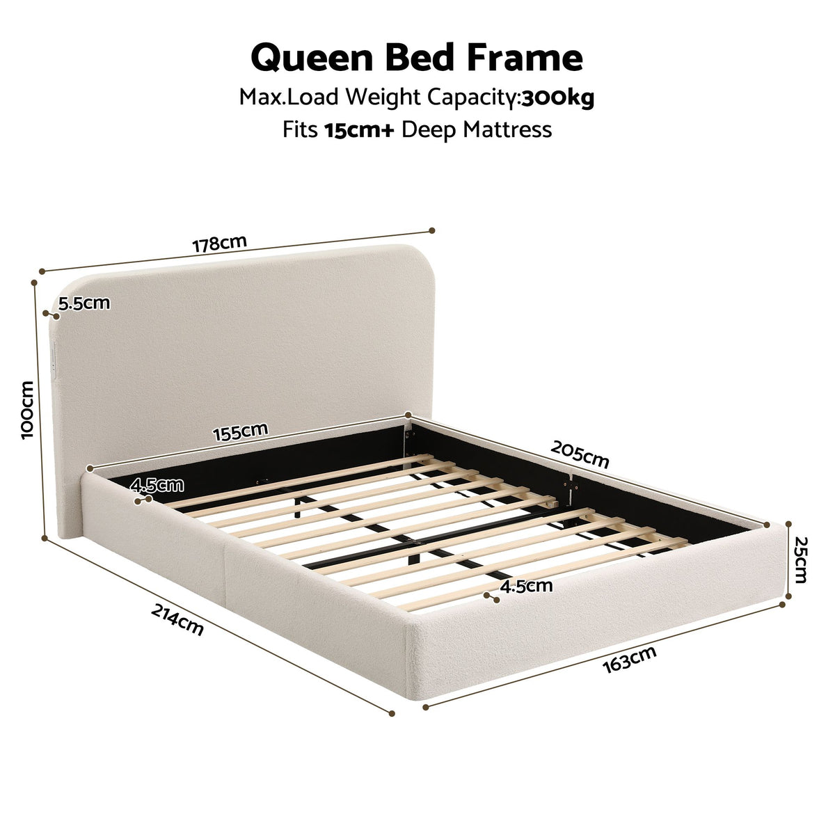 Amoret Bed Frame with Bouclé Headboard USB-C Charging & Night Lights - White Queen