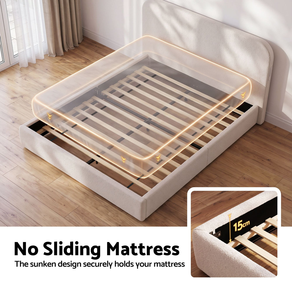 Amoret Bed Frame with Bouclé Headboard USB-C Charging & Night Lights - White Queen