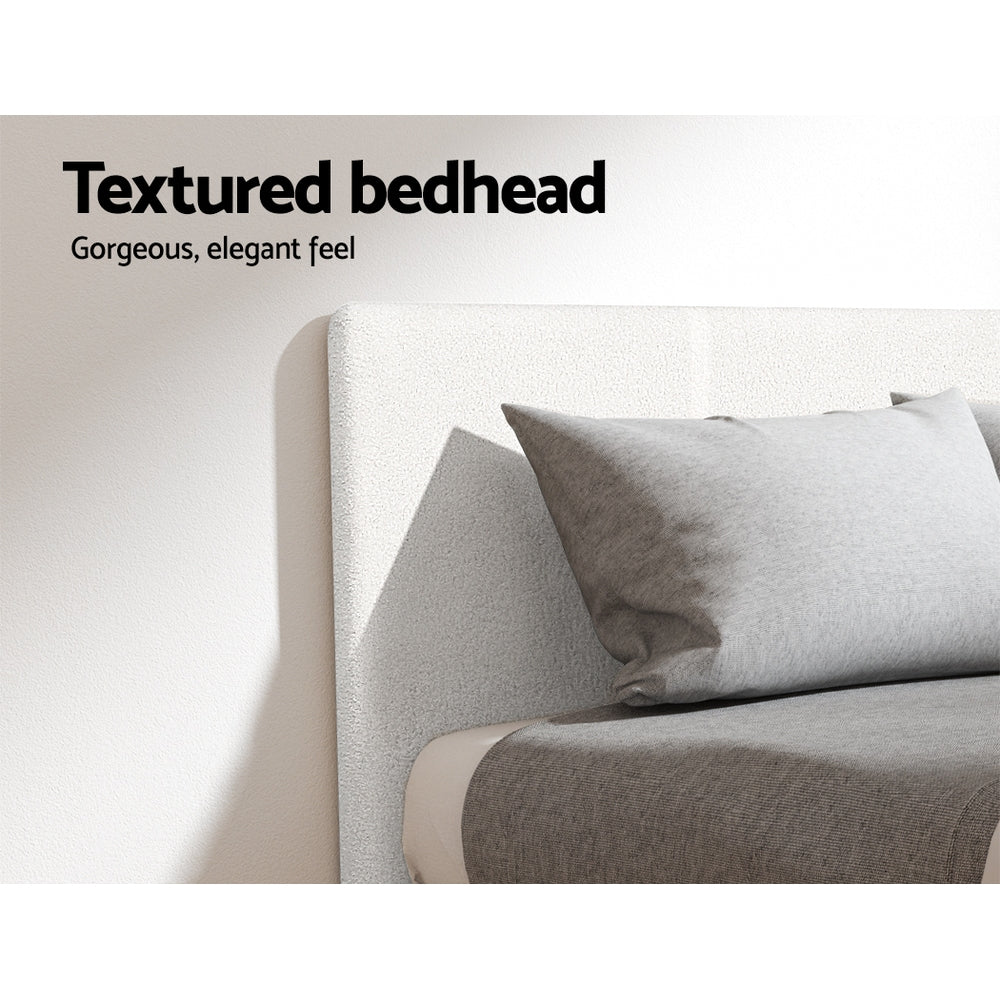 Sean Bed Frame Fabric Bouclé Platform Wooden - White King Single