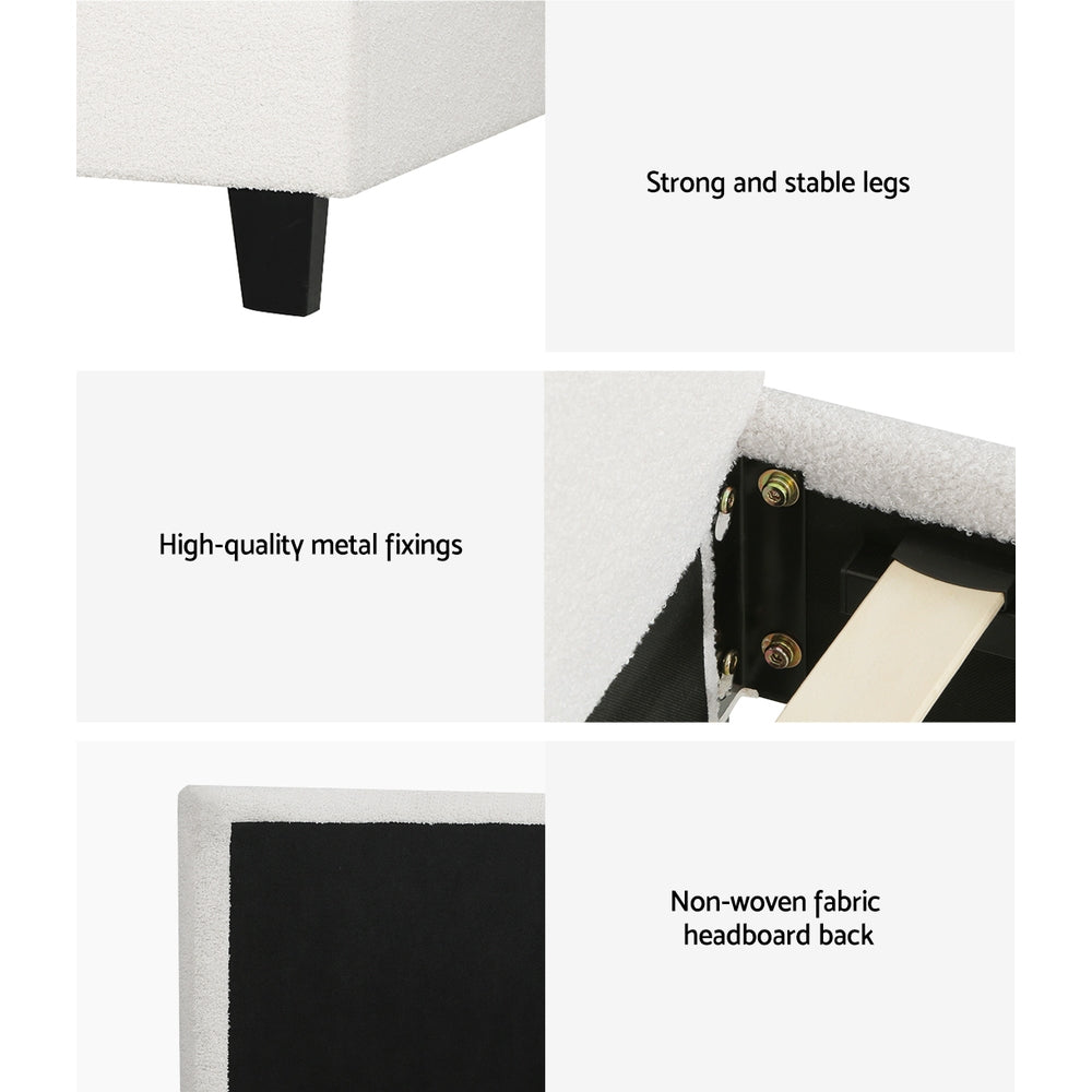 Sean Bed Frame Fabric Bouclé Platform Wooden - White King Single