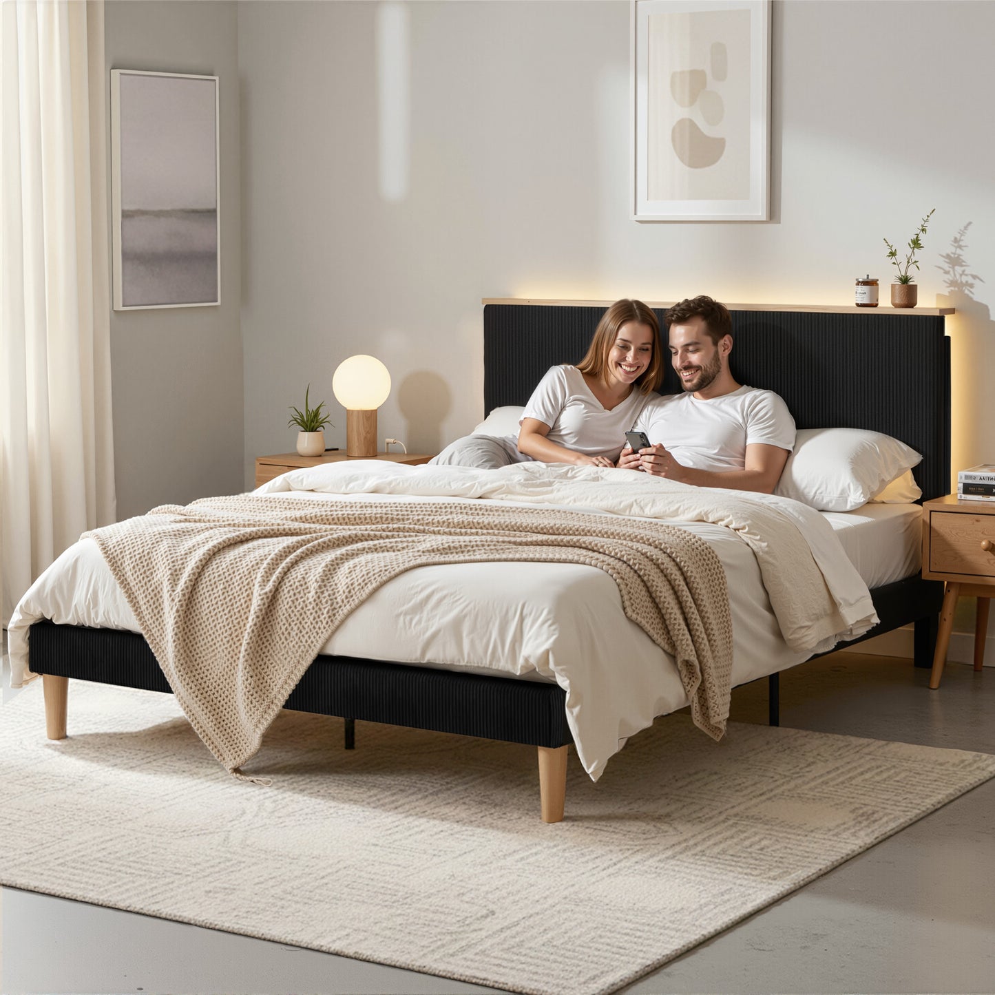 Linnea Bed Frame Upholstered Adjustable Headboard Mood Lighting Heavy Duty Velvet - Black Double