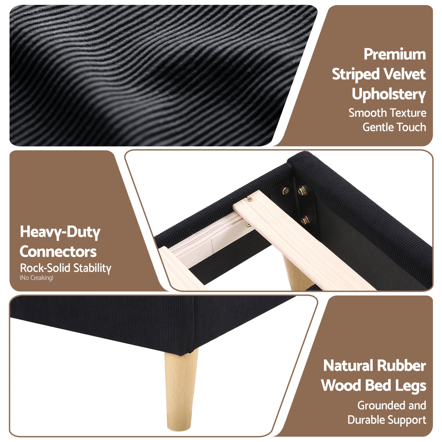 Linnea Bed Frame Upholstered Adjustable Headboard Mood Lighting Heavy Duty Velvet - Black Double