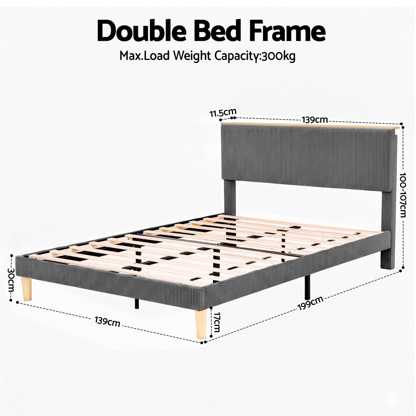 Briar Bed Frame Upholstered Adjustable Headboard LED- Grey Double