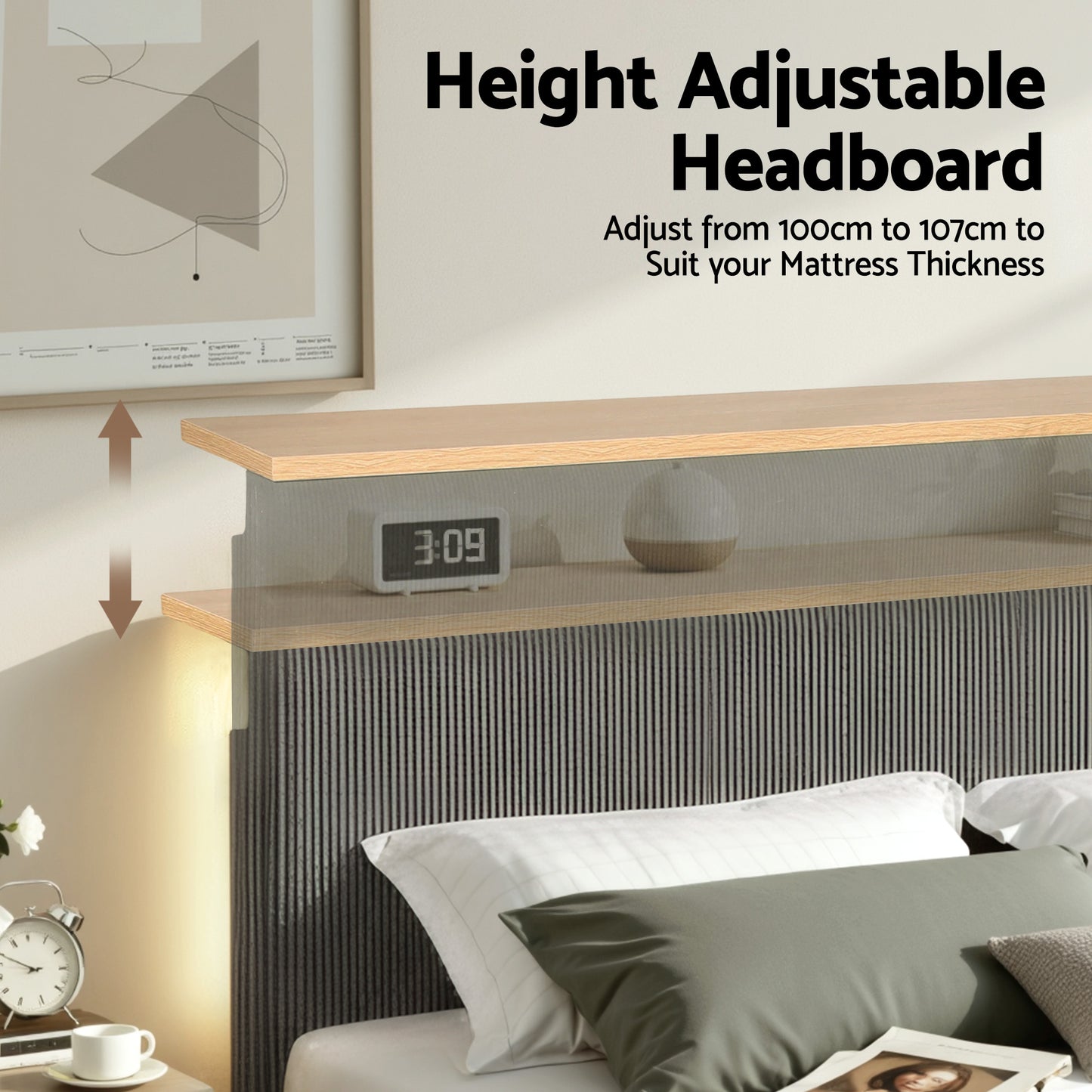 Briar Bed Frame Upholstered Adjustable Headboard LED- Grey Double