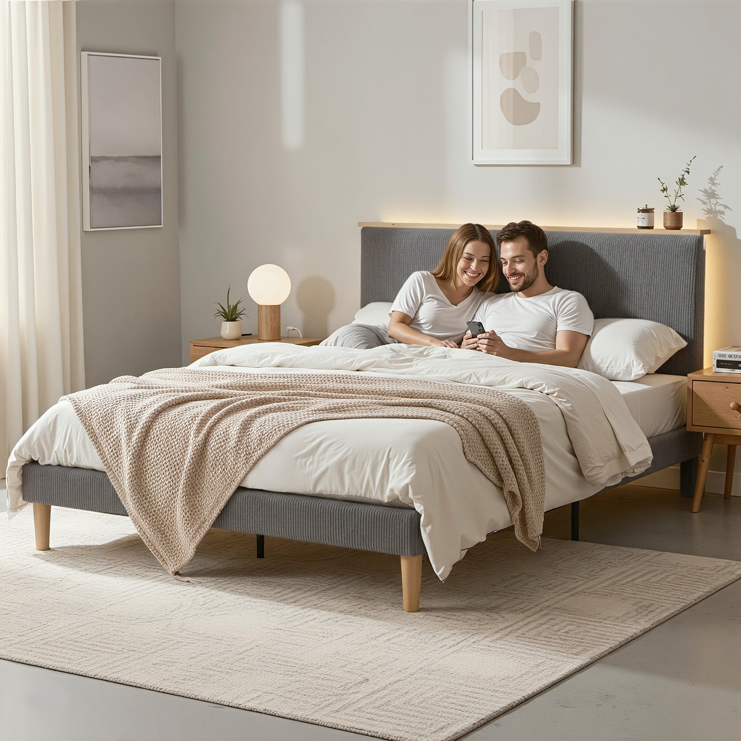 Briar Bed Frame Upholstered Adjustable Headboard LED- Grey Double