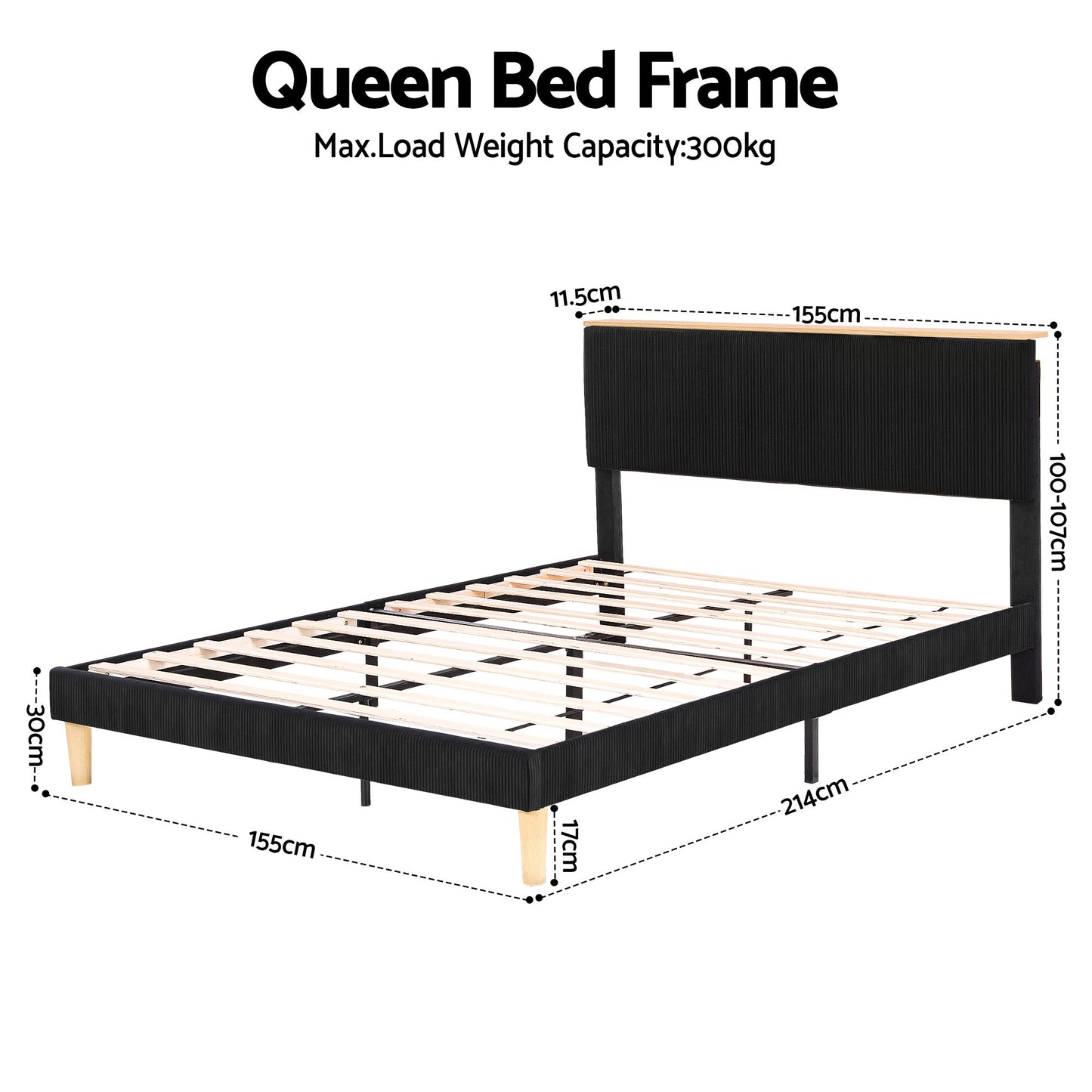Howlite Bed & Mattress Package with 34cm Mattress - Black Queen