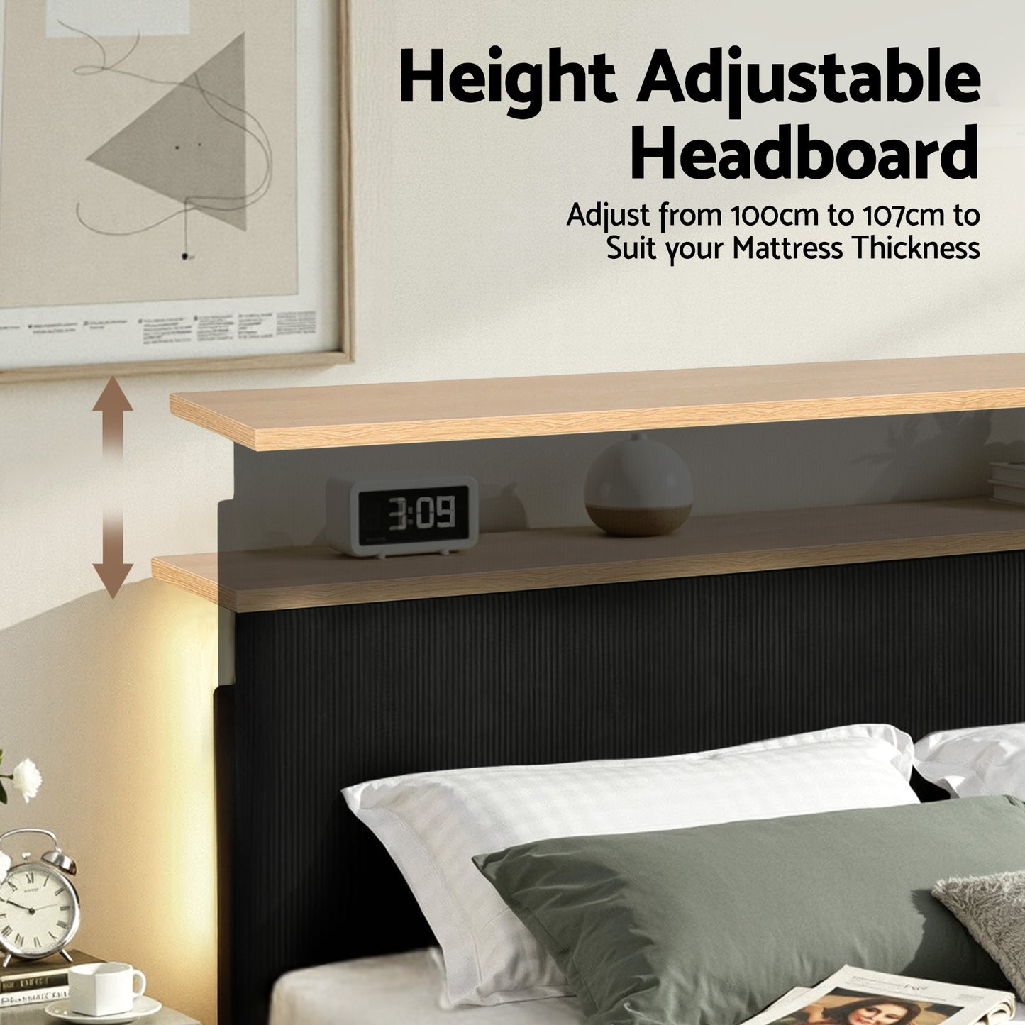 Briar Bed Frame Upholstered Adjustable Headboard Mood LED - Black Queen