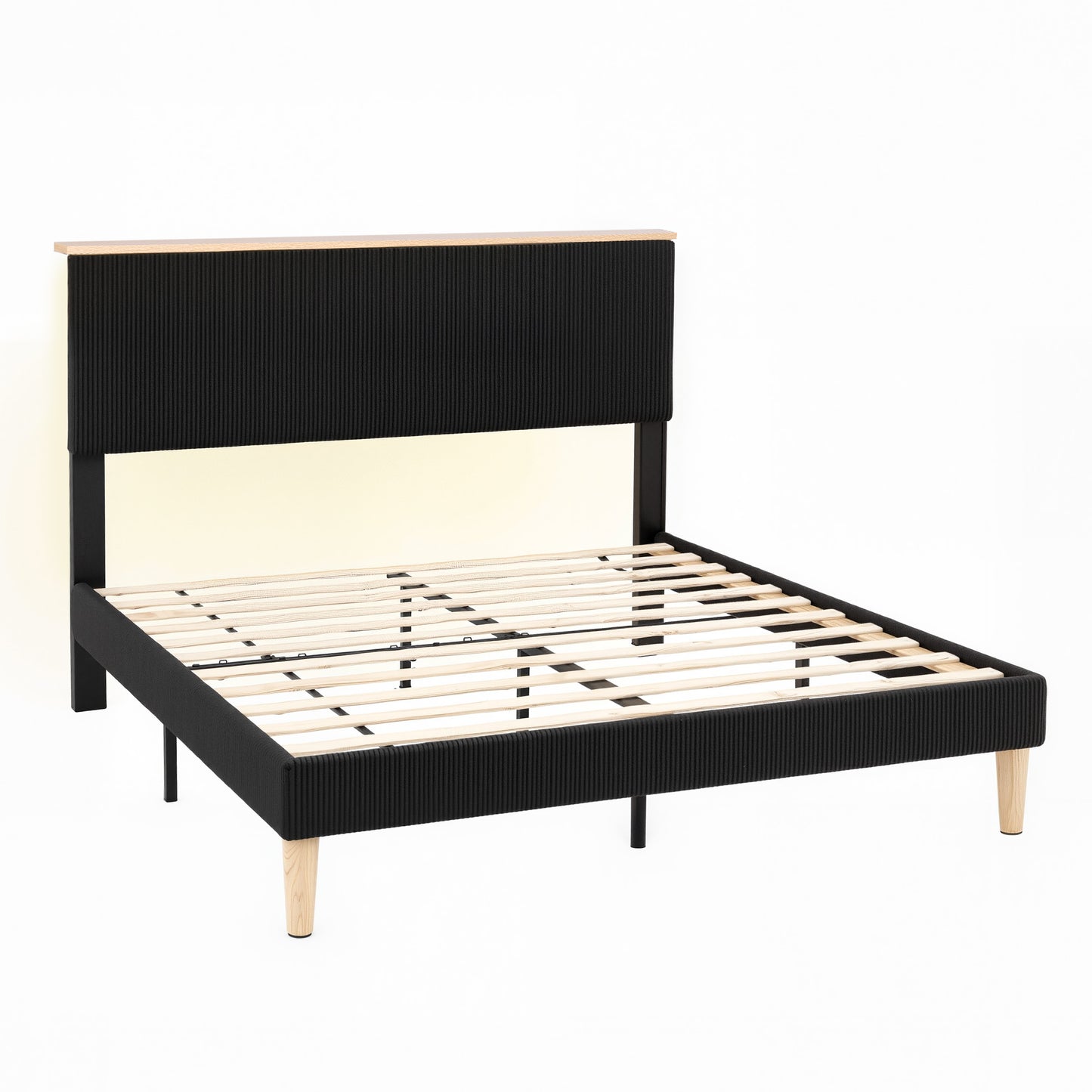 Briar Bed Frame Upholstered Adjustable Headboard Mood LED - Black Queen