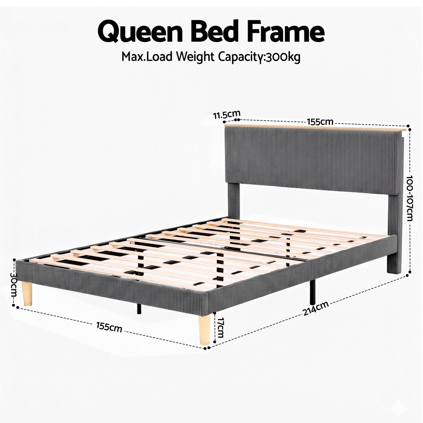 Briar Bed Frame Upholstered Adjustable Headboard Mood LED - Grey Queen