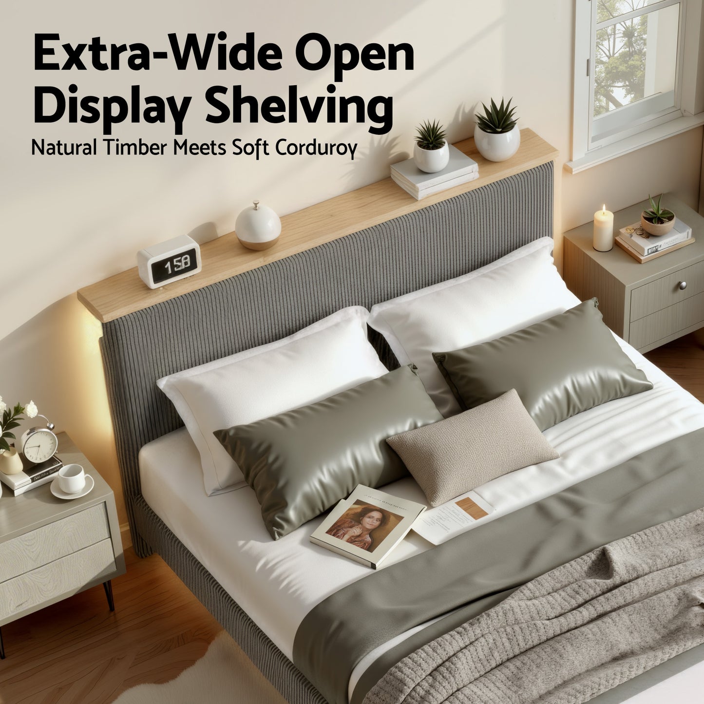 Briar Bed Frame Upholstered Adjustable Headboard Mood LED - Grey Queen