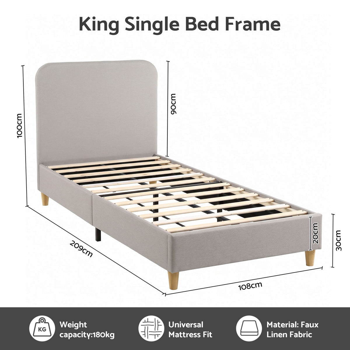 Maelis Bed Frame with Headboard Faux Linen Fabric - Grey King Single