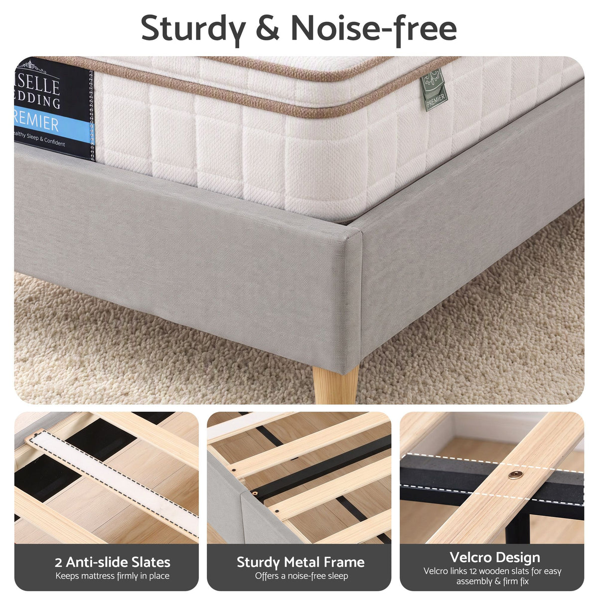 Maelis Bed Frame with Headboard Faux Linen Fabric - Grey King Single