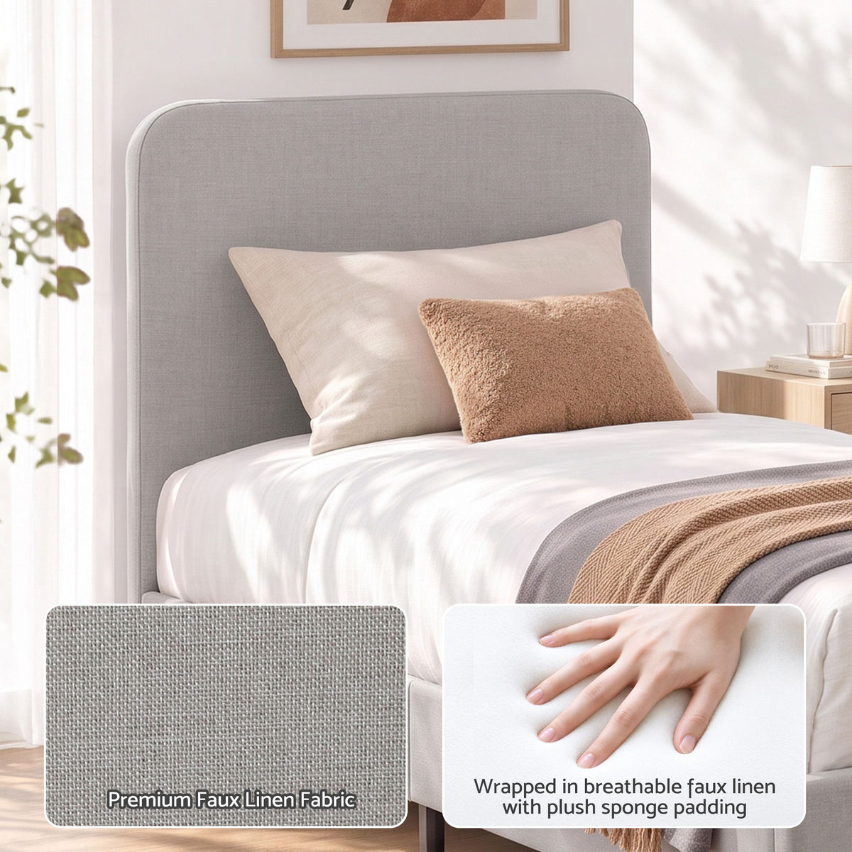 Maelis Bed Frame with Headboard Faux Linen Fabric - Grey King Single