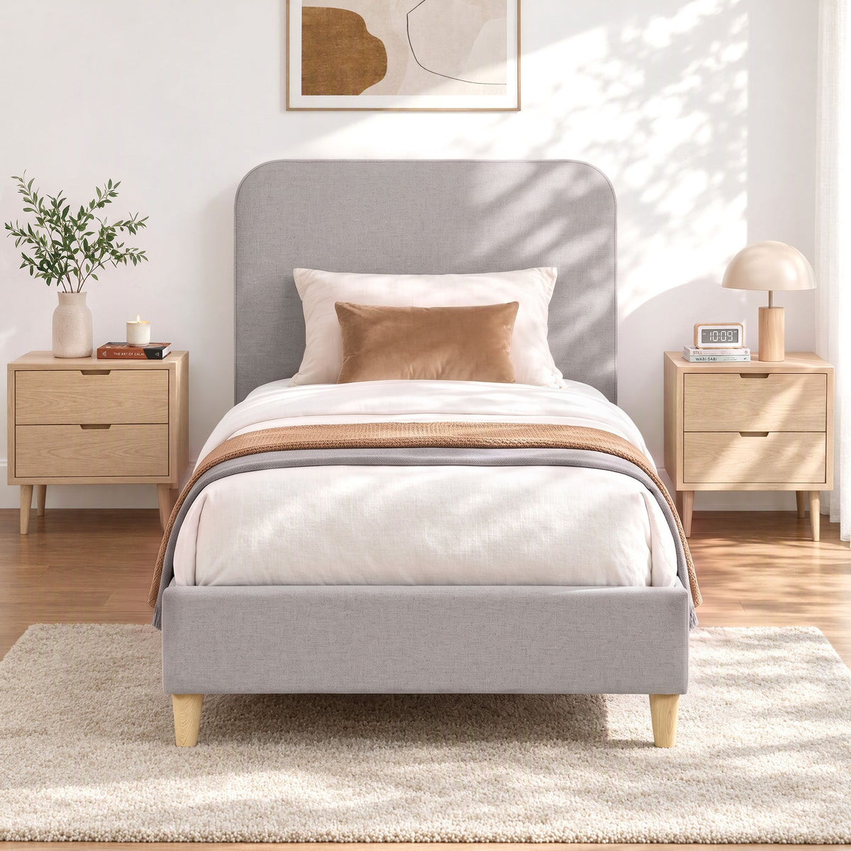 Maelis Bed Frame with Headboard Faux Linen Fabric - Grey Single
