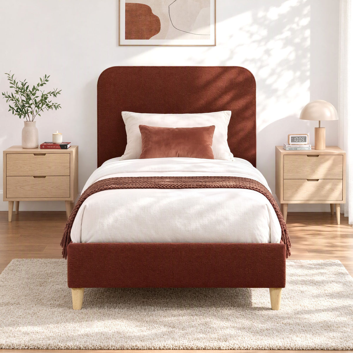 Maelis Bed Frame with Headboard Faux Linen Fabric - Brown Single