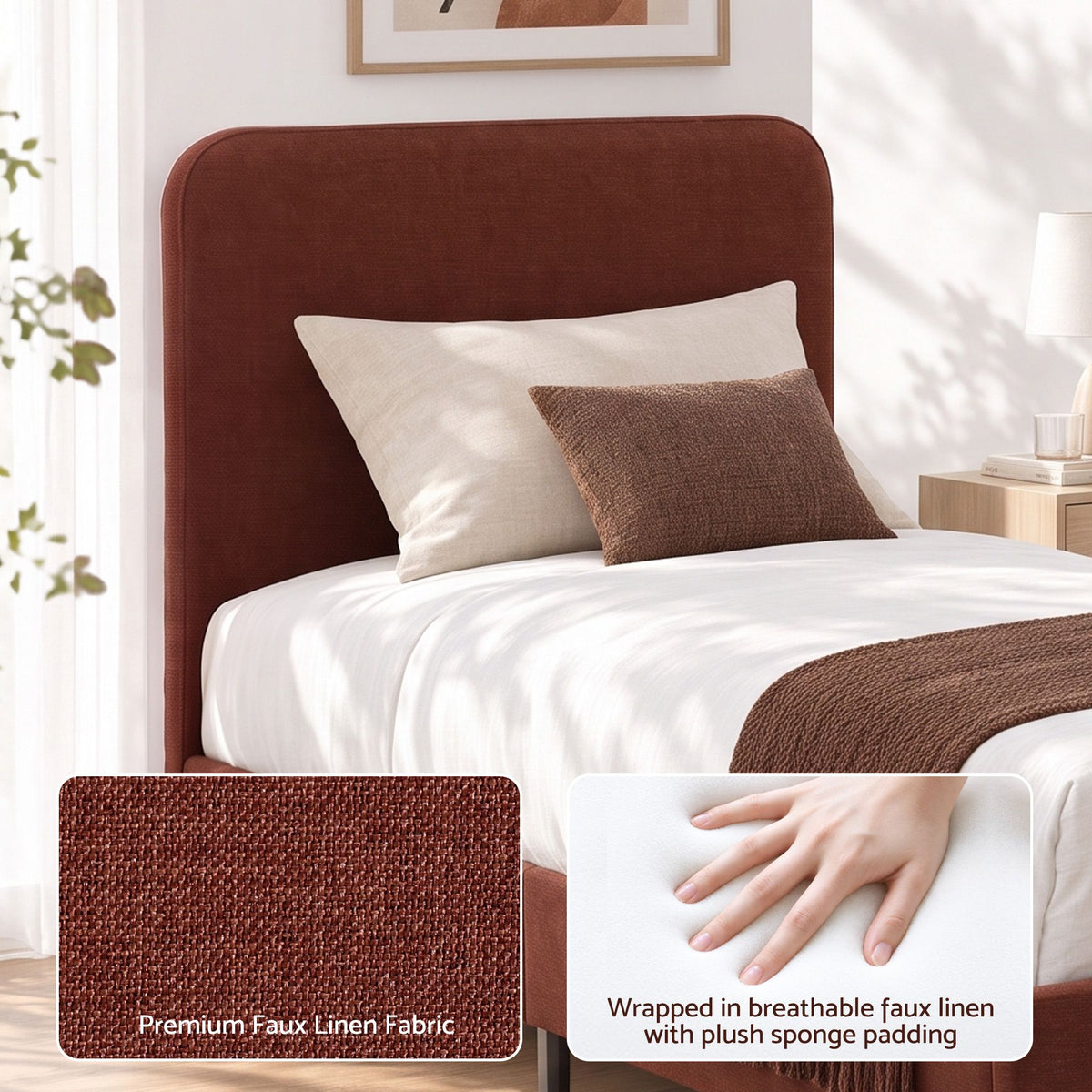 Maelis Bed Frame with Headboard Faux Linen Fabric - Brown Single