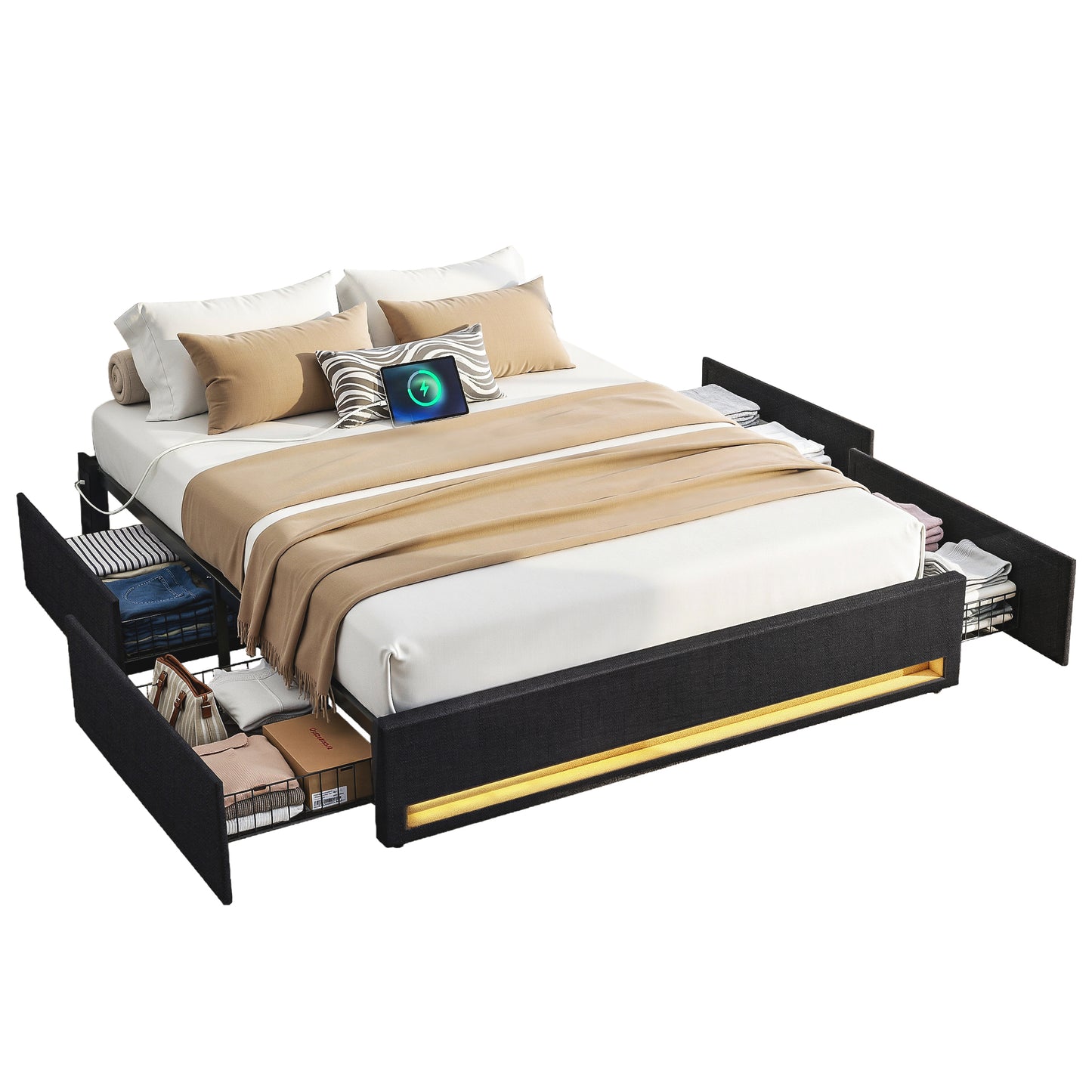 Cozelle Bed Frame with Storage Drawers RGB Lights Charging Station - Black Double