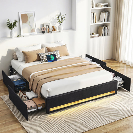 Cozelle Bed Frame with Storage Drawers RGB Lights Charging Station - Black Queen