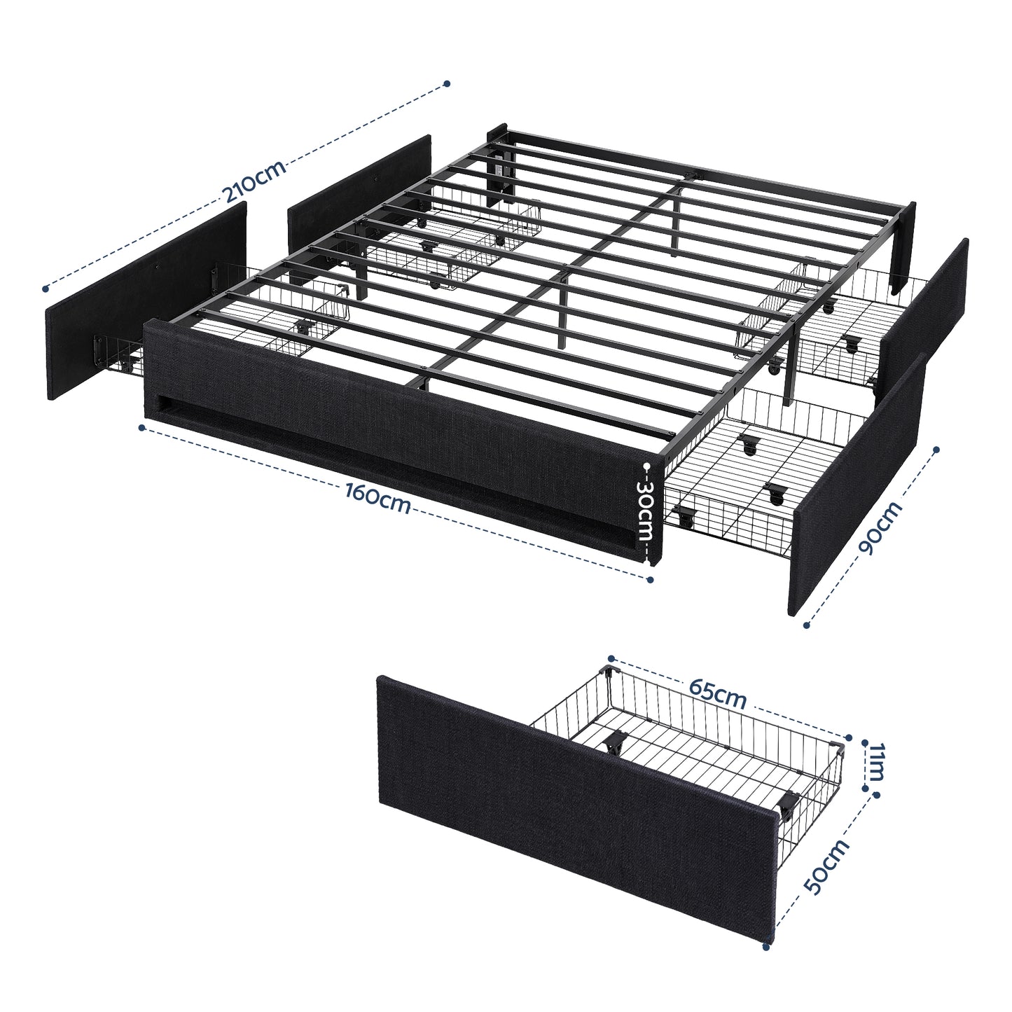 Cozelle Bed Frame with Storage Drawers RGB Lights Charging Station - Black Queen