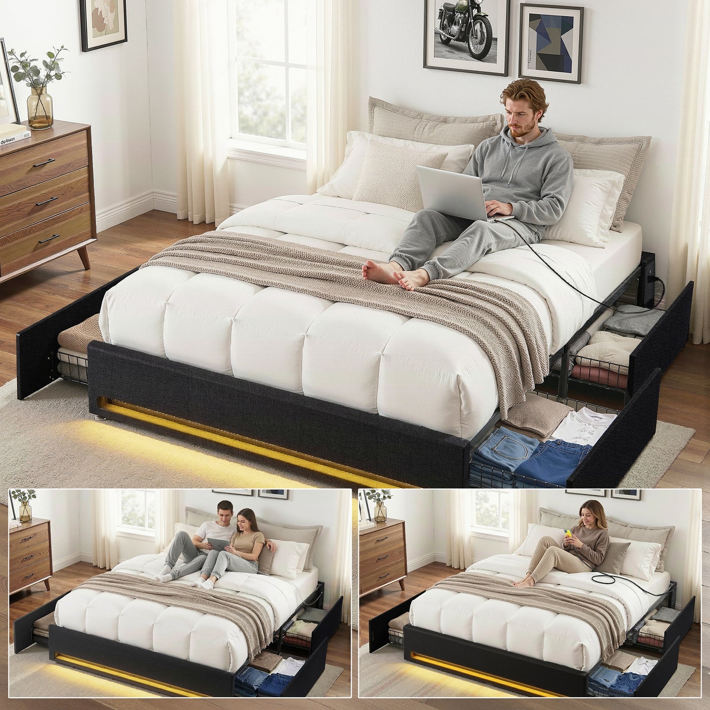 Cozelle Bed Frame with Storage Drawers RGB Lights Charging Station - Black Queen